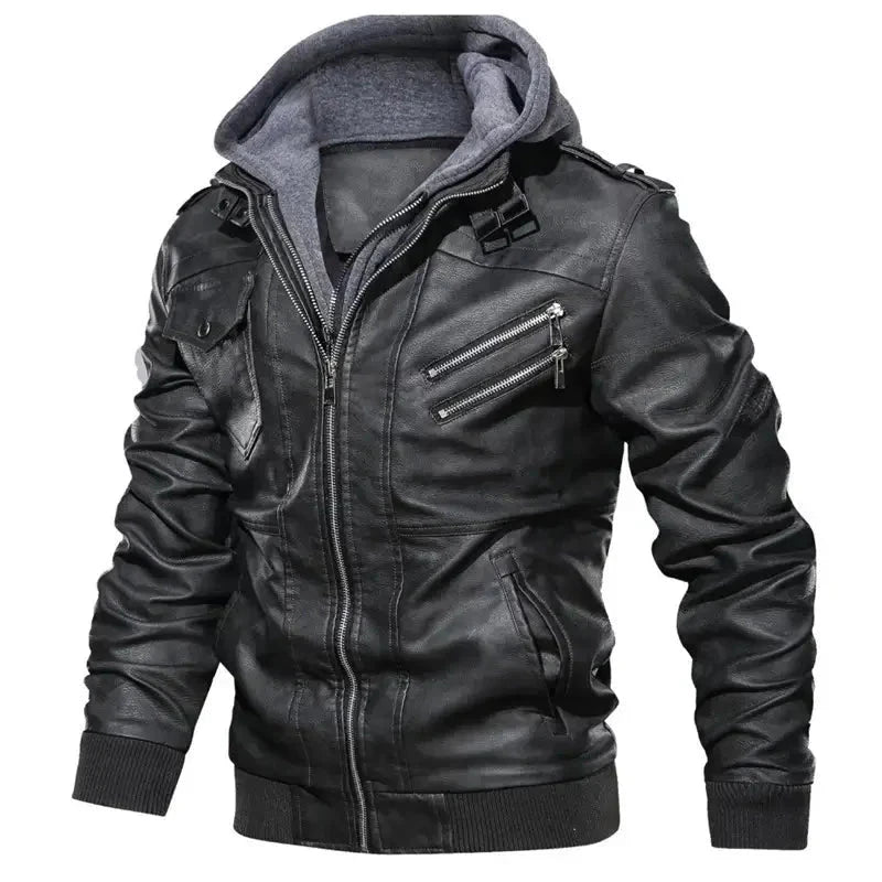 Jaqueta de Couro Masculina com Capuz Jaqueta de Couro Masculina com Capuz Removível Sr Alpha