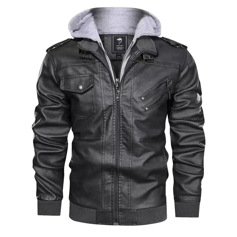 Jaqueta de Couro Masculina com Capuz Jaqueta de Couro Masculina com Capuz Removível Sr Alpha Cinza P