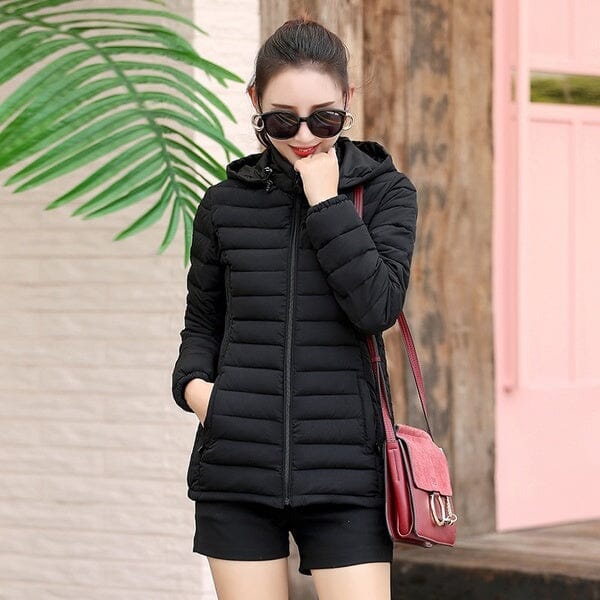 Jaqueta Puffer Feminina Slim Fit com Capuz FEMININO - ROUPAS - JAQUETA 1 Dm Stores M Preto
