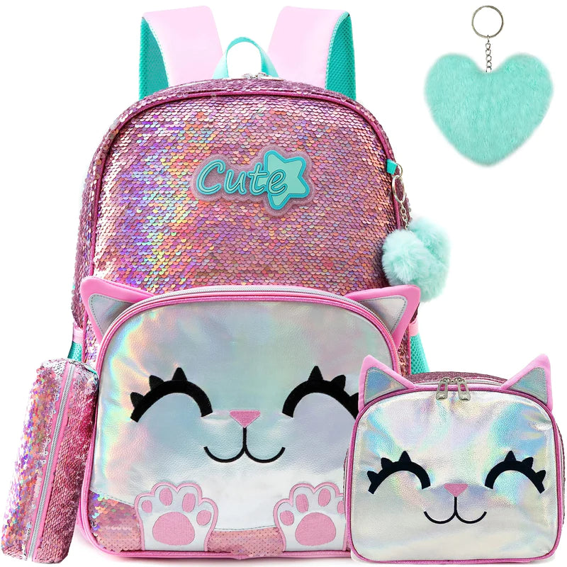 Kit Escolar 4 Peças para Meninas: Mochila, Lancheira, Estojo e Chaveiro Acessório (Kit Escolar 2) Dm Stores Gatinha