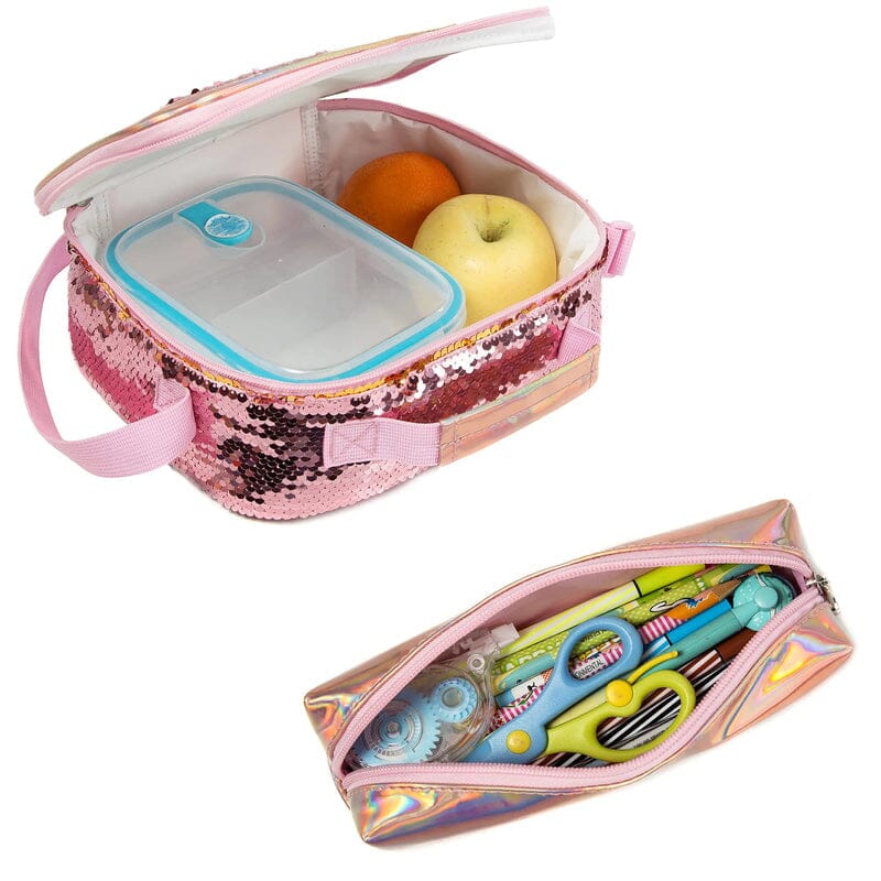 Kit Escolar para Menina com Lantejoulas Mochila, Lancheira e Estojo Infantil (Kit Escolar 4) Dm Stores