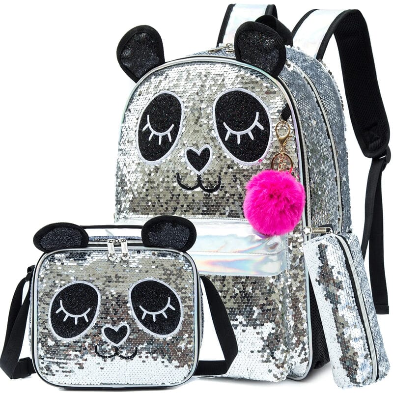 Kit Escolar para Menina com Lantejoulas Mochila, Lancheira e Estojo Infantil (Kit Escolar 4) Dm Stores Panda Preto