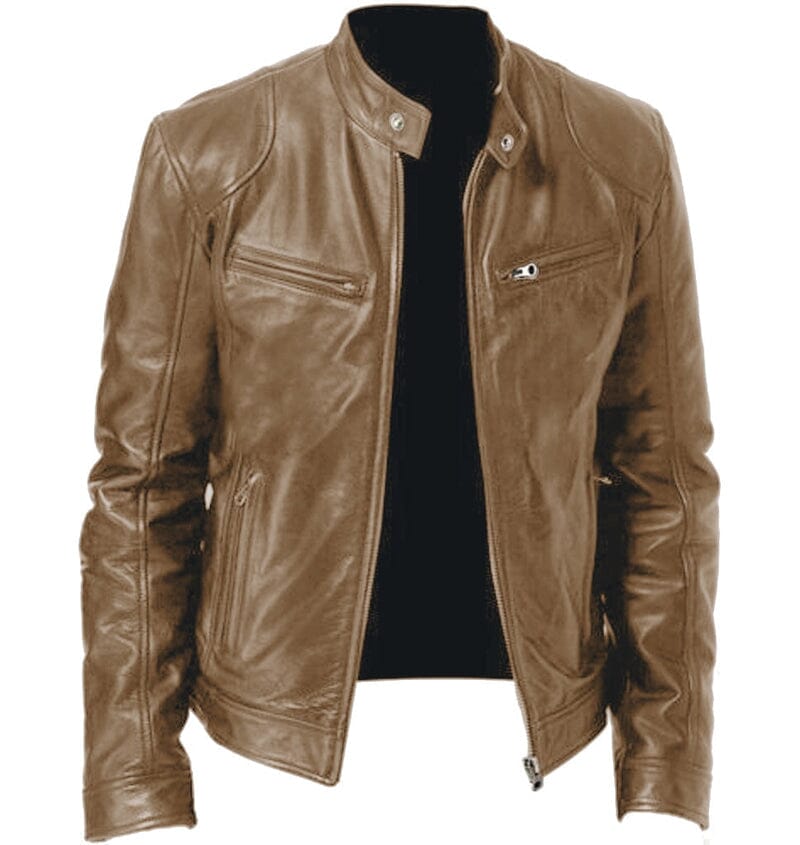 Jaqueta Masculina em Couro PU Estilo Sofisticado e Minimalista Roupas (Jaqueta Masculina 10) Dm Stores Marrom Claro PP