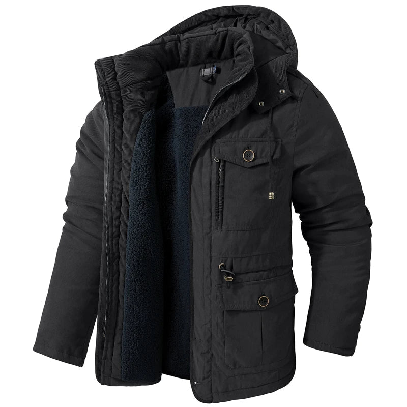 Jaqueta Masculina Tática com Capuz Forro Fleece e Bolsos