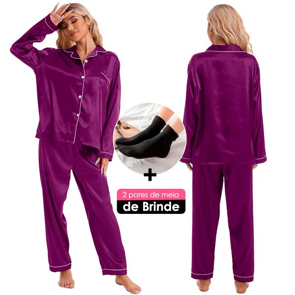 Conjunto de Pijama Cetim +BRINDE: 1 Par de Meias Peluciadas [Compre 1 Leve 2] FEMININO - ROUPAS - PIJAMA 1 Dm Stores Roxo Vermelho PP