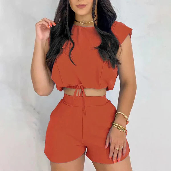 Conjunto de Verão Cropped + Short Cintura Alta Roupas (Conjunto Feminino 3) Dm Stores P Laranja 