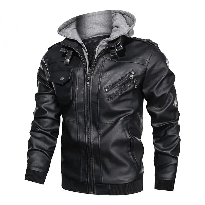 Jaqueta de Couro Masculina com Capuz Jaqueta de Couro Masculina com Capuz Removível Sr Alpha 