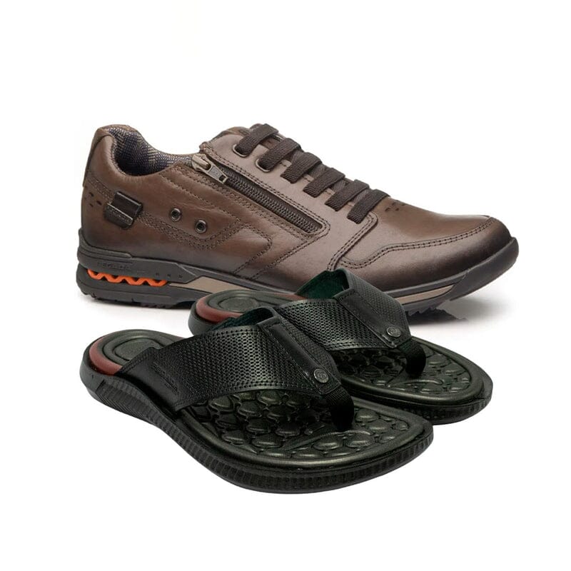 Kit ComfortWalk – Sapatênis Ortopédico + Chinelo Massageador MASCULINO - CALÇADOS - KIT ORTOPÉDICO Dm Stores Tênis Marrom + Chinelo 37 