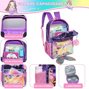 Kit Escolar 4 Peças para Meninas: Mochila, Lancheira, Estojo e Chaveiro Acessório (Kit Escolar 2) Dm Stores 