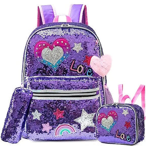 Kit Escolar 4 Peças para Meninas: Mochila, Lancheira, Estojo e Chaveiro Acessório (Kit Escolar 2) Dm Stores Coração 
