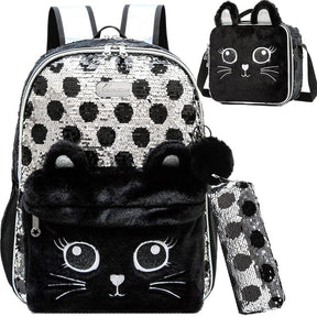 Kit Escolar para Menina com Lantejoulas Mochila, Lancheira e Estojo Infantil (Kit Escolar 4) Dm Stores Gatinho 