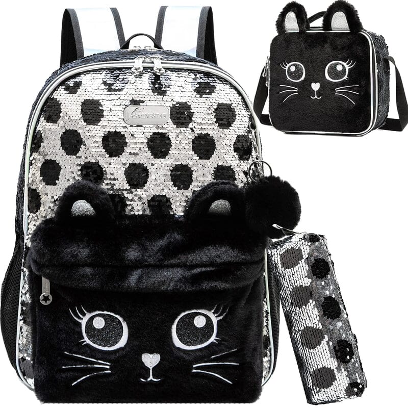 Kit Escolar para Menina com Lantejoulas Mochila, Lancheira e Estojo Infantil (Kit Escolar 4) Dm Stores Gatinho 