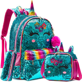 Kit Escolar para Menina com Lantejoulas Mochila, Lancheira e Estojo Infantil (Kit Escolar 4) Dm Stores Unicórnio 