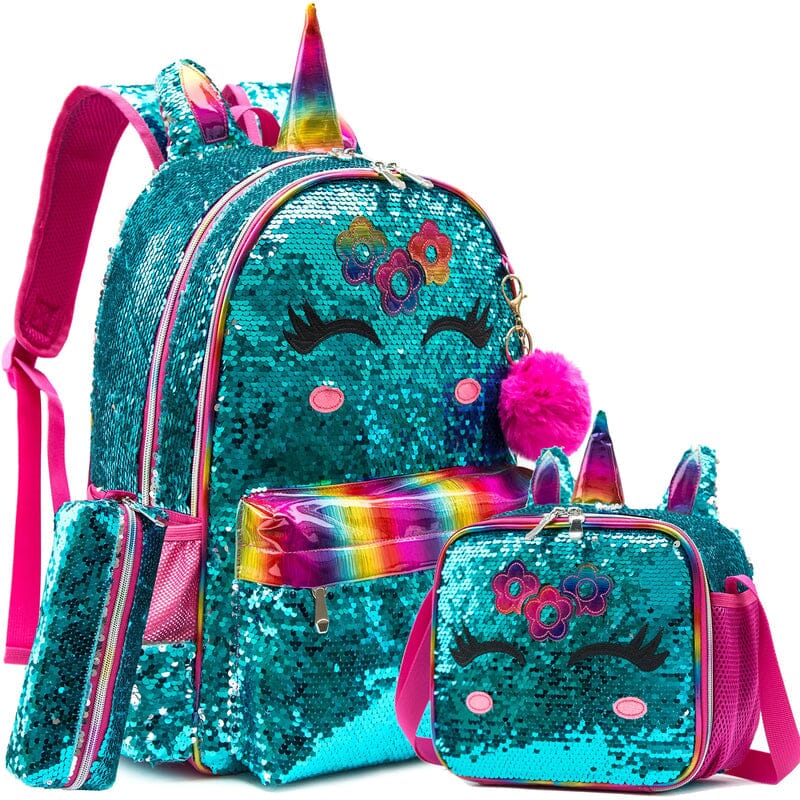 Kit Escolar para Menina com Lantejoulas Mochila, Lancheira e Estojo Infantil (Kit Escolar 4) Dm Stores Unicórnio 