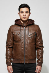 Jaqueta de Couro Masculina Premium com Capuz Removível Roupas (Jaqueta Masculina 14) Dm Stores Café P 